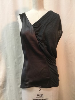 Womens, Top, HEATHER, Heather Gray, Gray, Modal, Silk, Solid, S, Asymmetric V-neck, Ruched, Sleeveless