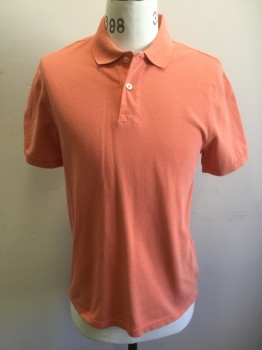 J.CREW, Orange, Cotton, Solid, Papaya Orange, Pique Jersey, Short Sleeves, Collar Attached, 2 Button Front