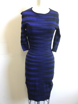 OHNE TITEL, Black, Royal Blue, Wool, Rayon, Stripes, Scoop Neck, 3/4 Sleeve, Below Knee