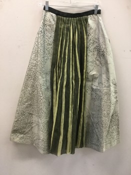 MTO, Silver, Black, Avocado Green, Silk, Novelty Pattern, Silver Silk Culottes with Black Cracked Pattern, Wide Leg, Snap/ Hook & Eye Center Back, Black Ribbed Ribbon Waistband, Black Mesh and Avocado Gauze Stripe Pleated Front Panel