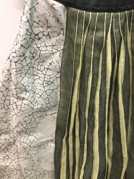 MTO, Silver, Black, Avocado Green, Silk, Novelty Pattern, Silver Silk Culottes with Black Cracked Pattern, Wide Leg, Snap/ Hook & Eye Center Back, Black Ribbed Ribbon Waistband, Black Mesh and Avocado Gauze Stripe Pleated Front Panel