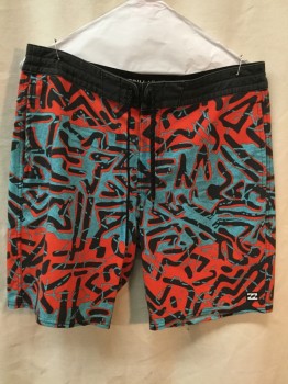 Mens, Swim Trunks, BILLABONG, Black, Turquoise Blue, Red, Polyester, Abstract , 31, No Mesh Brief, Velcro Fly, Doubles,