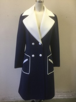 LILLI ANN, Navy Blue, White, Polyester, Solid, Double Breasted, Navy with White Accents on Collar, Buttons, Etc, 2 Welt Pockets, Red Lining,