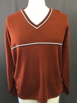 Mens, Pullover Sweater, AFTER DARK, Rust Orange, White, Navy Blue, Acrylic, Stripes, Solid, L, V-neck, Solid Rust with Blue and White Stripes on Neck and Across Chest