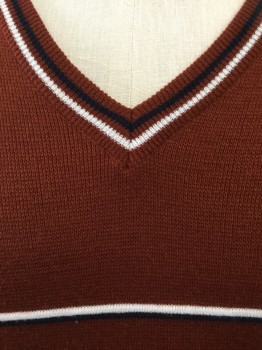 Mens, Pullover Sweater, AFTER DARK, Rust Orange, White, Navy Blue, Acrylic, Stripes, Solid, L, V-neck, Solid Rust with Blue and White Stripes on Neck and Across Chest
