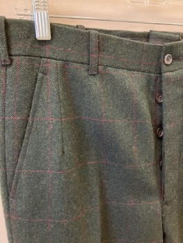 Mens, 1930s Vintage, Suit, Pants, N/L, Forest Green, Red, Wool, Plaid-  Windowpane, 34/32, Button Fly, Inner Suspender Buttons, 4 Pckts, Belt Loops