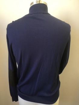 Mens, Cardigan Sweater, MICHAEL KORS, Navy Blue, Wool, Solid, Large, Zip Front, 2 Pockets, Black Elbow Patches