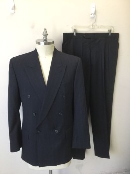 GIVENCHY/ACADEMY AWA, Navy Blue, Lt Gray, Wool, Stripes - Pin, Double Breasted, Peaked Lapel, 3 Pockets, Late 1980's Early 1990's