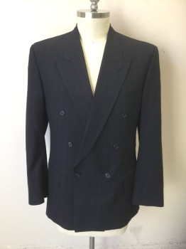GIVENCHY/ACADEMY AWA, Navy Blue, Lt Gray, Wool, Stripes - Pin, Double Breasted, Peaked Lapel, 3 Pockets, Late 1980's Early 1990's