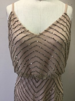 Womens, Evening Gown, ADRIANA PAPELL, Lt Beige, Pewter Gray, Synthetic, 2, Spaghetti Straps, Art Deco Bead Work, Center Back Zipper,
