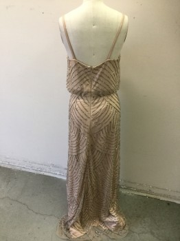 Womens, Evening Gown, ADRIANA PAPELL, Lt Beige, Pewter Gray, Synthetic, 2, Spaghetti Straps, Art Deco Bead Work, Center Back Zipper,