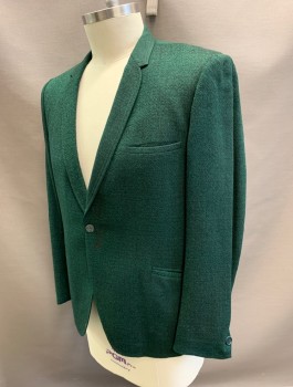 ROTHMAN'S, Emerald Green, Black, Wool, 2 Color Weave, Single Breasted, Unusual Notched Lapel - Extra Thin, with Curved Bottom Half, 1 Button, 3 Welt Pockets, Lime and Black Patterned Silk Half Lining, **Has Stains in Front Near Button