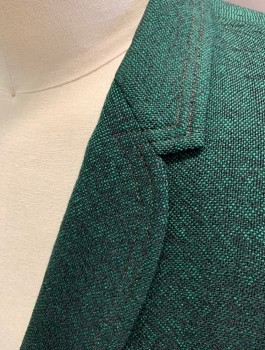 Mens, Blazer/Sport Co, ROTHMAN'S, Emerald Green, Black, Wool, 2 Color Weave, 42R, Single Breasted, Unusual Notched Lapel - Extra Thin, with Curved Bottom Half, 1 Button, 3 Welt Pockets, Lime and Black Patterned Silk Half Lining, **Has Stains in Front Near Button