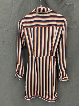 HEARTLOOM, Navy Blue, Turmeric Yellow, Cream, Gold, Polyester, Stripes, Button Front, Collar Attached, Crossover Tied Waist, Long Sleeves, Button Cuff, Sheer Top