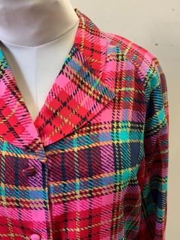 CHE BELLA, Pink, Red, Aqua Blue, Navy Blue, Lt Green, Silk, Plaid, Fabric Covered Button Front, Shawl Collar with Attached Peaked Lapel, Raglan Long Sleeves, Button Cuff, Velcro Detachable Shoulder Pads, Box Pleat Center Back,