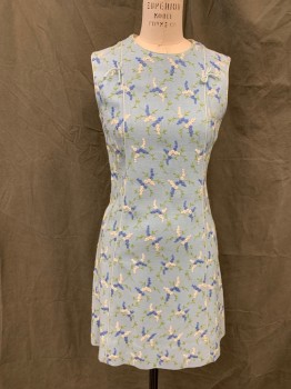 MARGOT BARRY, Baby Blue, Blue, White, Olive Green, Linen, Floral, Floral Embroidery, Sleeveless, Zip Back, Knee Length, 2 Piping Stripes Down Front with Bows, Piping at Armholes and Neck, *Shoulder Burn*