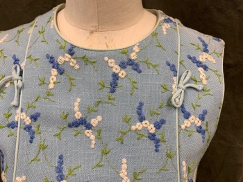 MARGOT BARRY, Baby Blue, Blue, White, Olive Green, Linen, Floral, Floral Embroidery, Sleeveless, Zip Back, Knee Length, 2 Piping Stripes Down Front with Bows, Piping at Armholes and Neck, *Shoulder Burn*
