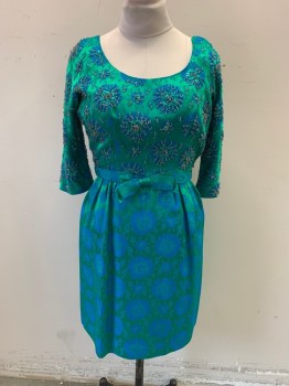 CHAS A. STEVENS, Emerald Green, Turquoise Blue, Silk, Beaded, Floral, Scoop Neck, 3/4 Sleeves, Back Zipper, Attached Belt with Bow Center Front, Beading on Bodice and Sleeves, Brocade