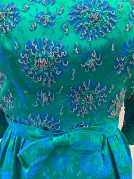 CHAS A. STEVENS, Emerald Green, Turquoise Blue, Silk, Beaded, Floral, Scoop Neck, 3/4 Sleeves, Back Zipper, Attached Belt with Bow Center Front, Beading on Bodice and Sleeves, Brocade