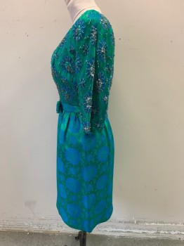 Womens, Cocktail Dress, CHAS A. STEVENS, Emerald Green, Turquoise Blue, Silk, Beaded, Floral, W 28, B 34, H42, Scoop Neck, 3/4 Sleeves, Back Zipper, Attached Belt with Bow Center Front, Beading on Bodice and Sleeves, Brocade
