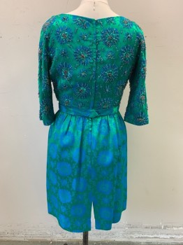 Womens, Cocktail Dress, CHAS A. STEVENS, Emerald Green, Turquoise Blue, Silk, Beaded, Floral, W 28, B 34, H42, Scoop Neck, 3/4 Sleeves, Back Zipper, Attached Belt with Bow Center Front, Beading on Bodice and Sleeves, Brocade