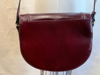 BALLY, Cordovan Red, Leather, Solid, Saddle Bag, Long Adjustable Strap, Ridged Flap, Gold Snap Hardware