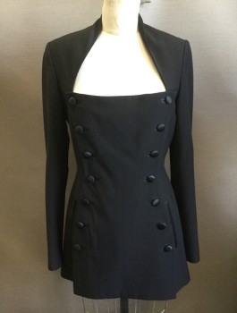 RICHARD TYLER, Black, Wool, Solid, Long Sleeves, Plunging Angled Square Neck with "Double Breasted" Front with Satin Covered Buttons, Mini Length, 2 Satin Edged Welt Pockets, Padded Shoulders,