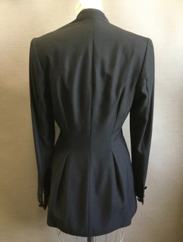 RICHARD TYLER, Black, Wool, Solid, Long Sleeves, Plunging Angled Square Neck with "Double Breasted" Front with Satin Covered Buttons, Mini Length, 2 Satin Edged Welt Pockets, Padded Shoulders,