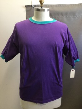 Mens, T-shirt, ALORE, Purple, Turquoise Blue, Cotton, Solid, XL, Crew Neck, Purple with Turquoise Ringer & Cuffs, Short Sleeves,