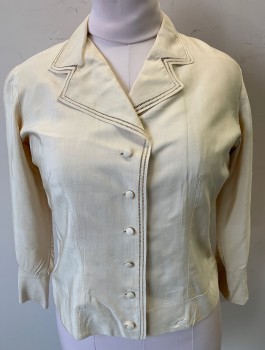Womens, Blouse, N/L, Cream, Silk, Solid, W:34, B:40, 3/4 Sleeve, Button Front, Notched Collar with 2 Rows Open Threadwork, Self Fabric Covered Buttons,