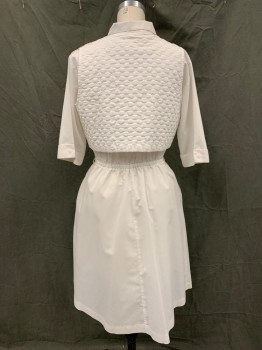 N/L, White, Poly/Cotton, Solid, Vintage, 1/2 Button Front, Collar Attached, Short Sleeves, Rolled Back Button Cuff, Epaulets, Attached Quilted Vest, Elastic Waistband, Hem Below Knee, 2 Pockets