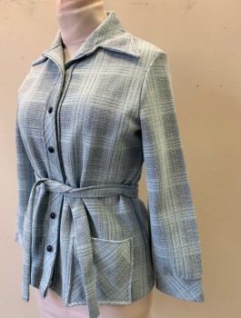 Womens, Jacket, JOHN'S GIRL, Lt Blue, Navy Blue, White, Polyester, Speckled, Plaid, B:40, Double Knit Polyester, Long Sleeves, Wide Dagger Collar, Navy Buttons at Front, 2 Patch Pockets at Hips, **With Matching Self Belt,