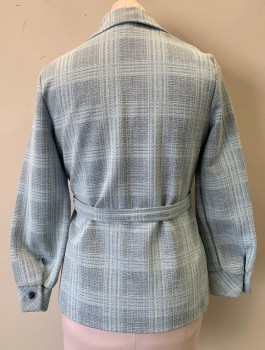 Womens, Jacket, JOHN'S GIRL, Lt Blue, Navy Blue, White, Polyester, Speckled, Plaid, B:40, Double Knit Polyester, Long Sleeves, Wide Dagger Collar, Navy Buttons at Front, 2 Patch Pockets at Hips, **With Matching Self Belt,