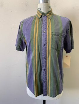 URBAN OUTFITTERS, Navy Blue, Green, Brown, Cotton, Stripes - Vertical , Button Front, Button Down Collar, Short Sleeves,