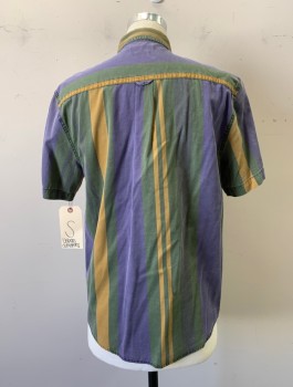 URBAN OUTFITTERS, Navy Blue, Green, Brown, Cotton, Stripes - Vertical , Button Front, Button Down Collar, Short Sleeves,