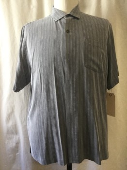 TOMMY BAHAMA, Dk Gray, White, Silk, Novelty Pattern, Stripes, Button Front, Collar Attached, Short Sleeves, 1 Pocket,