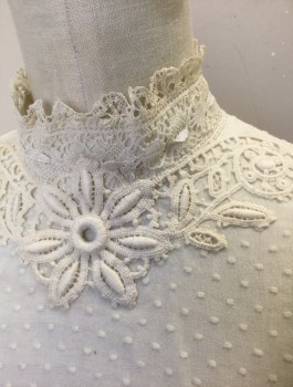 N/L MTO, White, Cotton, Solid, Dotted Swiss, Long Sleeves, High Stand Neckline with Lace Appliqués,  Hidden Hook & Eye Closures in Back, Made To Order Reproduction, Has a Double