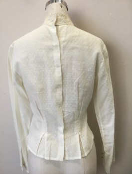 N/L MTO, White, Cotton, Solid, Dotted Swiss, Long Sleeves, High Stand Neckline with Lace Appliqués,  Hidden Hook & Eye Closures in Back, Made To Order Reproduction, Has a Double