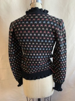 GOLDEN TOUCH, Black, Pink, Lt Blue, Brown, Olive Green, Acrylic, Floral, Pullover, Tulip Stripe Pattern, Knit, Ruffled Mock Neck, Cuffs, and Hem, L/S, **Some Pulls In Knit