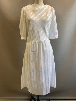 Womens, Dress, OOPS CALIFORNIA, White, Polyester, Stripes - Diagonal , W28-30, B34, H40, Mid Puff Sleeves, Round Neck, Buttons On Left Shoulder, Elastic Waist Band, Sheer,