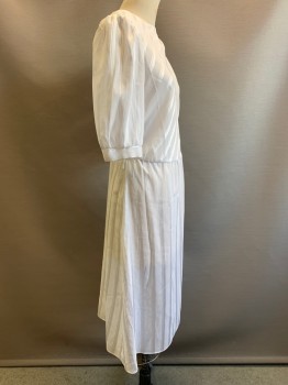 OOPS CALIFORNIA, White, Polyester, Stripes - Diagonal , Mid Puff Sleeves, Round Neck, Buttons On Left Shoulder, Elastic Waist Band, Sheer,
