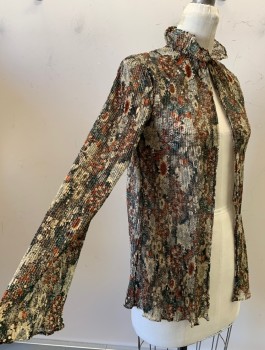Womens, 1970s Vintage, Top, N/L, Brown, Beige, Rust Orange, Forest Green, Synthetic, Floral, B32-34, S, Top/Cardigan, Sheer/Open Knit, Crinkled/Chemically Pleated Texture, Long Flared Gothic Sleeves, Ruffled Stand Collar, Open Front with 1 Hook/Eye at Neck,