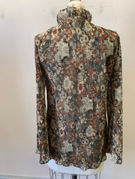Womens, 1970s Vintage, Top, N/L, Brown, Beige, Rust Orange, Forest Green, Synthetic, Floral, B32-34, S, Top/Cardigan, Sheer/Open Knit, Crinkled/Chemically Pleated Texture, Long Flared Gothic Sleeves, Ruffled Stand Collar, Open Front with 1 Hook/Eye at Neck,