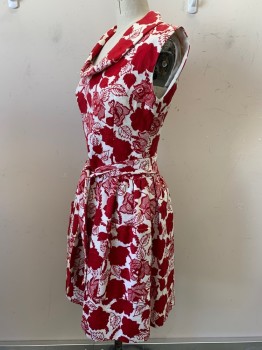 Arjac, Red, White, Cotton, Polyester, Floral, Sleeveless, Folded Collar, Pleated Skirt, Top Pockets, Back Zipper, with Matching Waist Belt,
