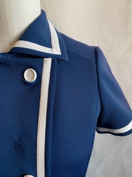 N/L, Navy Blue, White, Polyester, Stripes, Solid, Collar Attached, Short Sleeves, 8 Buttons Down Front, 2 Pockets, 2 Faux Pockets *Fading on Both Shoulders and Sleeves*