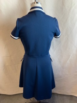 N/L, Navy Blue, White, Polyester, Stripes, Solid, Collar Attached, Short Sleeves, 8 Buttons Down Front, 2 Pockets, 2 Faux Pockets *Fading on Both Shoulders and Sleeves*
