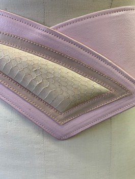 Womens, Belt, TALLULAH!, Lt Pink, Cream, Leather, Snakeskin/Reptile, M, Wide V Shaped Belt with Panels of Cream Snakeskin and Lighter Pink Leather,