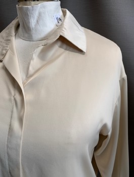 TRUE COLOR, Ivory White, Silk, Solid, C.A., L/S, Faux Button Front, Back Yolk With Box Pleat