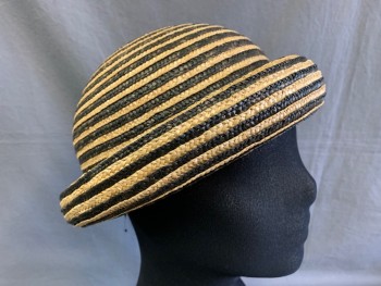 Womens, Straw Hat, N/L, Black, Amber Yellow, Straw, 2 Color Weave, 7 1/8, Rolled Brim, Cloche-Like