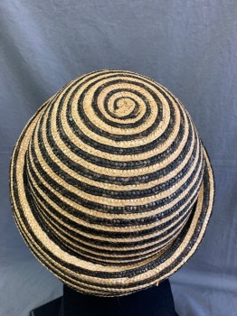 Womens, Straw Hat, N/L, Black, Amber Yellow, Straw, 2 Color Weave, 7 1/8, Rolled Brim, Cloche-Like